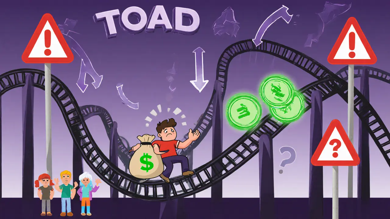 Roller coaster labeled TOAD with a nervous investor holding green tokens and warning signs.