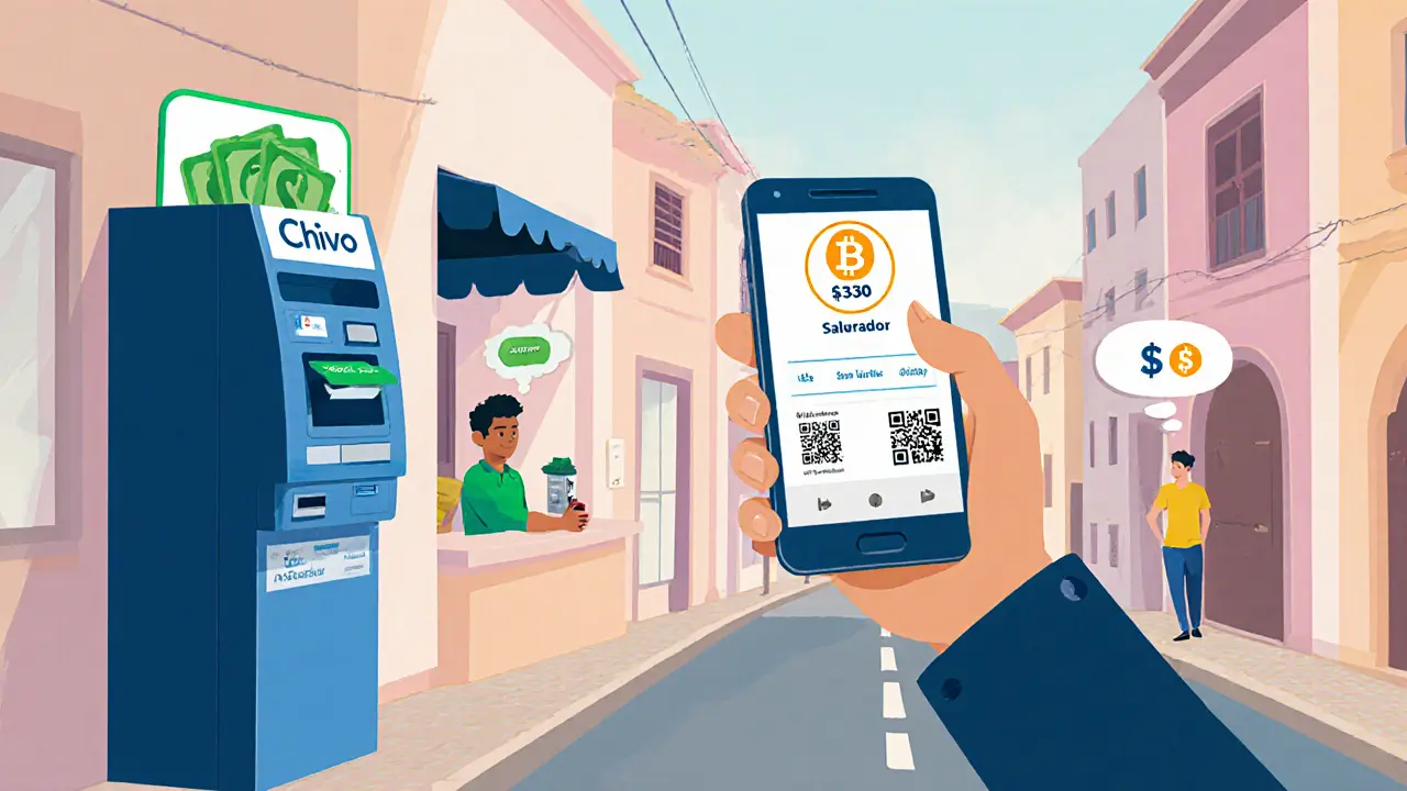 San Salvador street scene showing a person using the Chivo Wallet, a Bitcoin ATM, and a merchant converting Bitcoin to dollars.