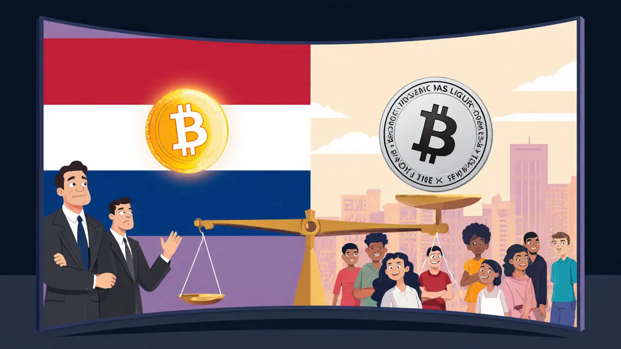Split illustration showing Bitcoin legal tender on one side and a CBDC on the other, with a scale suggesting future policy choices.