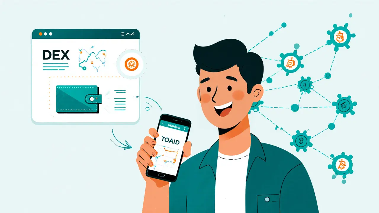 Trader holding a phone with Phantom wallet app connected to a Solana DEX interface.