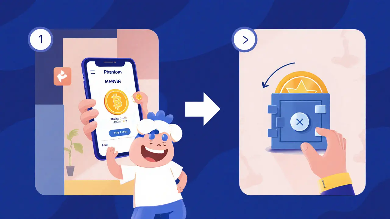 User swapping SOL for MARVIN on a DEX and storing it in a hardware wallet.