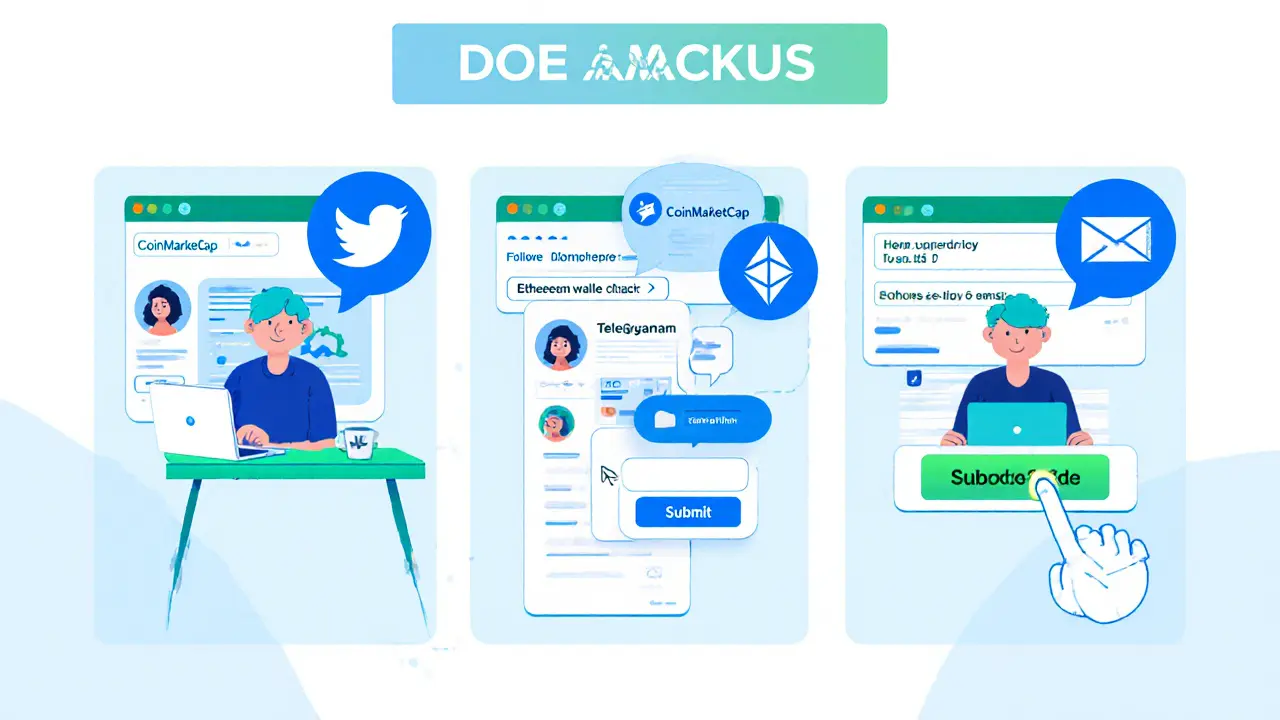 Cartoon guide showing a user signing up, following Twitter, joining Telegram, entering wallet, and submitting the airdrop form.