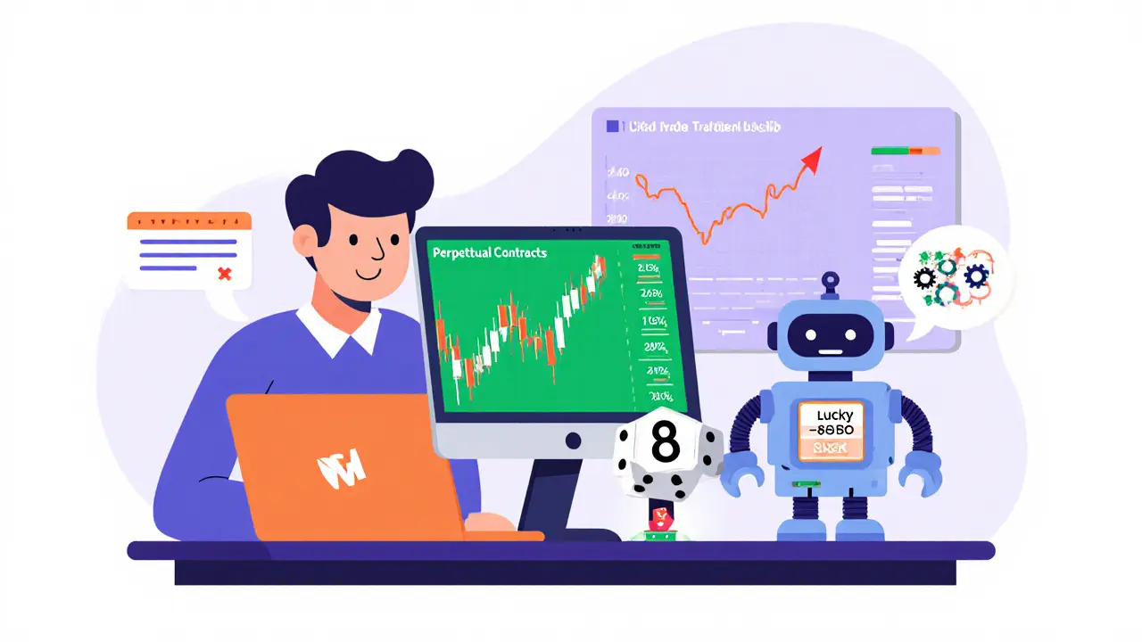 Cartoon trader at a laptop with chart, Lucky 8 Bot robot, and thin order‑book depth chart.