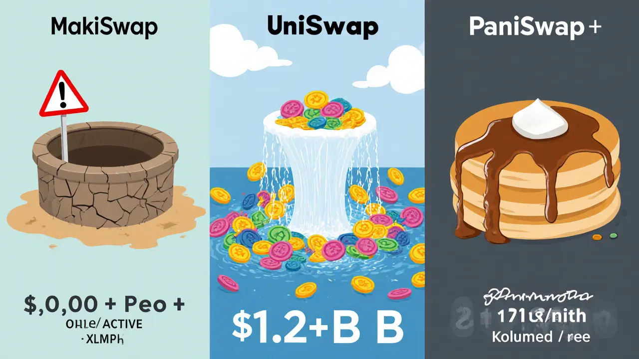 Comparison panels show MakiSwap empty well, Uniswap fountain, PancakeSwap pancake stack.