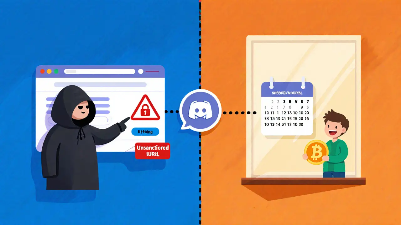 Contrast of a phishing warning on the left and a happy user with official KCCPAD channels on the right.
