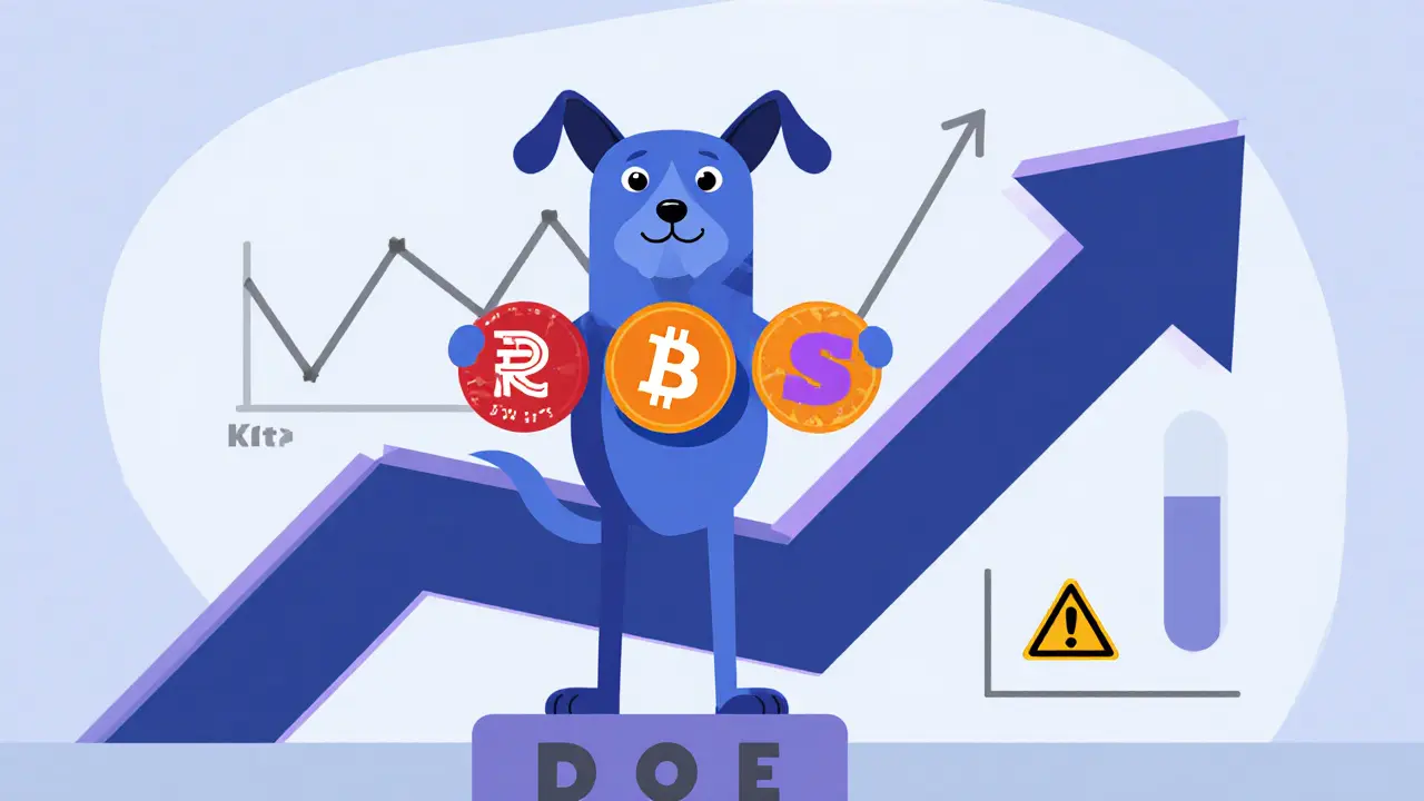 Dog standing on an upward arrow with token icons and a line chart indicating DOE market outlook.