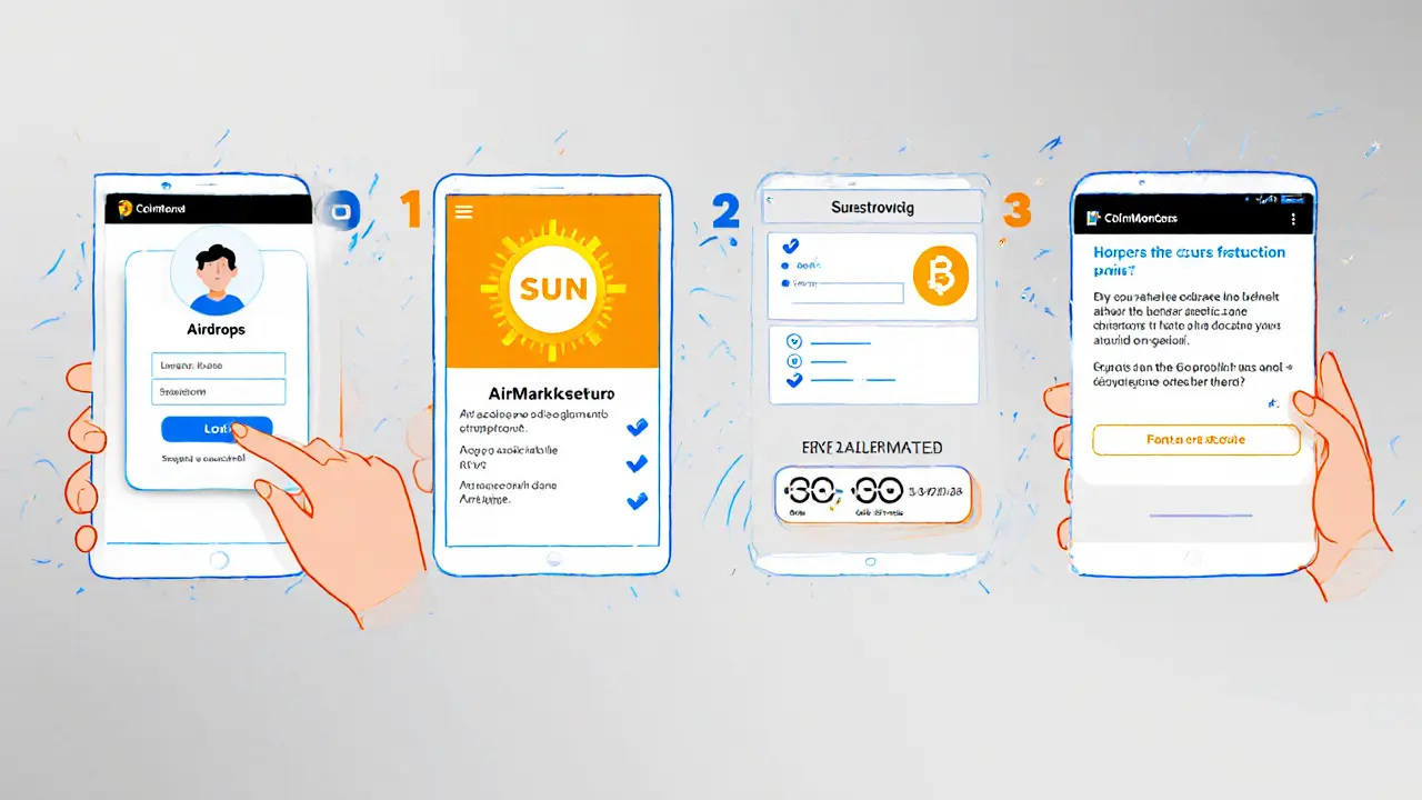 Four‑panel comic showing steps to claim the SUNI airdrop.