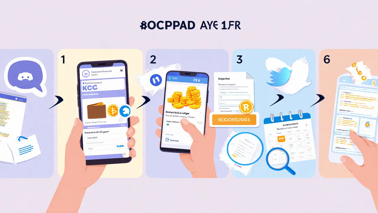 Illustrated checklist showing seven steps to claim KCCPAD airdrop, from Discord to token receipt.