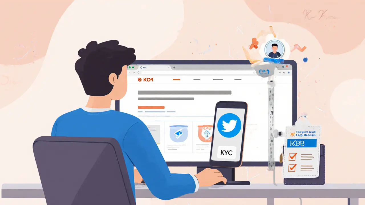 Person at a desk with laptop, phone showing social icons, and KYC checklist for claiming tokens.