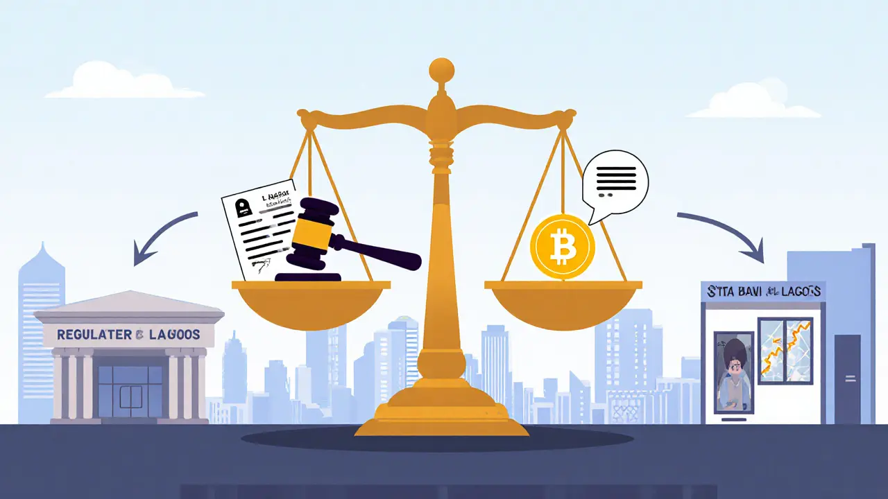 Scale balancing regulatory symbols and community crypto icons over Lagos skyline.