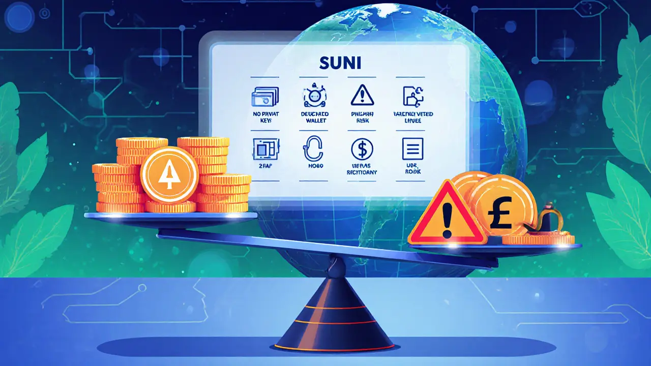 Scale balancing SUNI tokens against risk symbols with security icons.