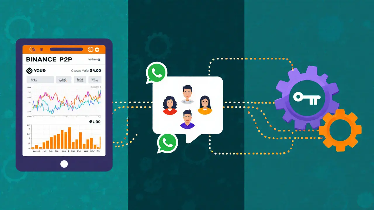 Three panels: Binance P2P dashboard, WhatsApp verification chat, escrow smart contract gears.