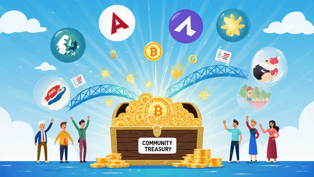 Treasure chest spilling KOM coins with bridges to Avalanche and Solana and voting people.