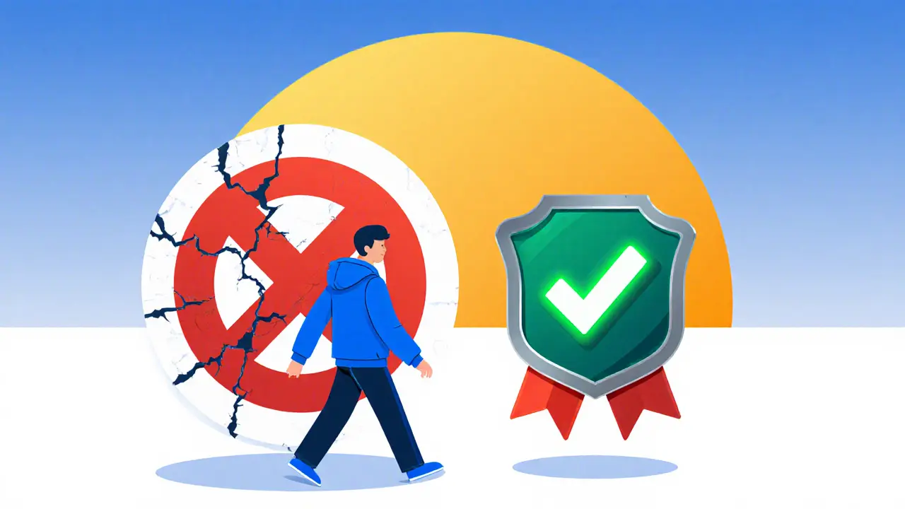 User walks away from MakiSwap with a red X, while Uniswap shows a green check.