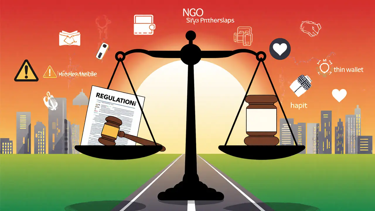 A scale balancing regulatory symbols against a hopeful roadmap with risk icons around it.