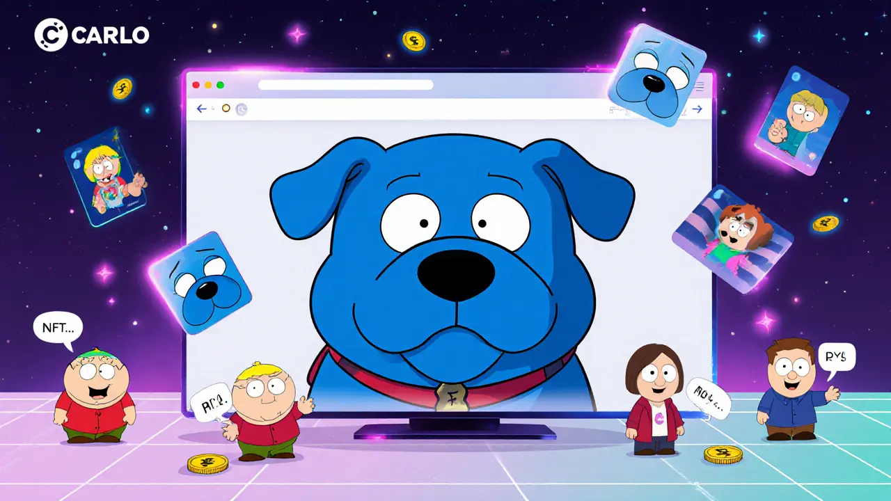 Blue dog on TV screen surrounded by NFT cards and users earning CARLO tokens.