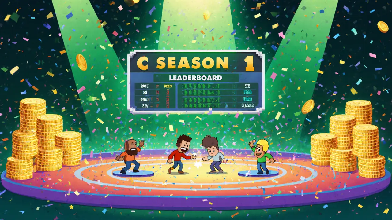 Cartoon arena showing players battling and PEARL tokens raining down.