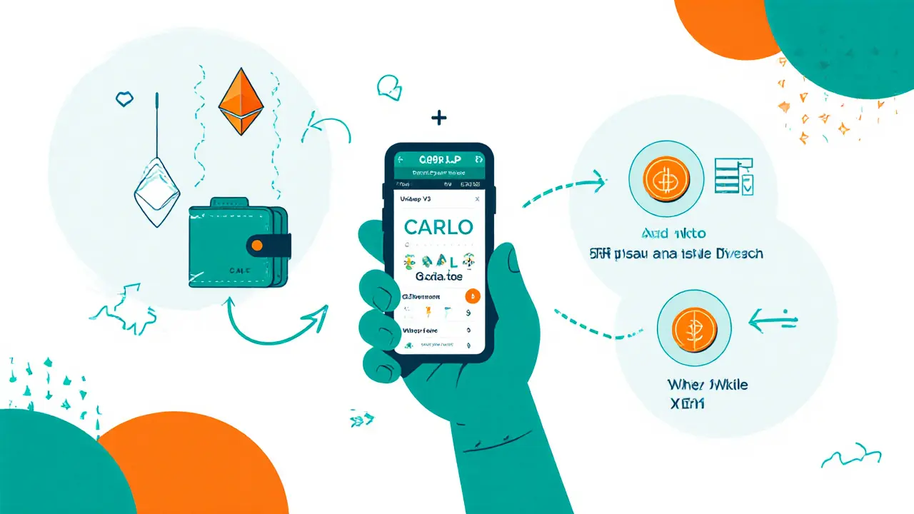 Cartoon character using phone to swap ETH for CARLO on Uniswap with wallet icons.