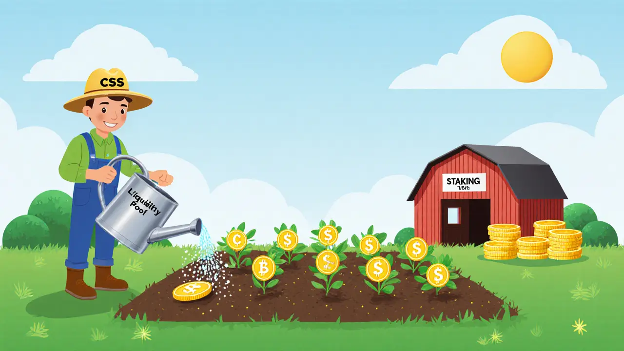 Cartoon farmer plants CSS tokens, waters them with a liquidity pool can, and stakes CSSL in a barn.