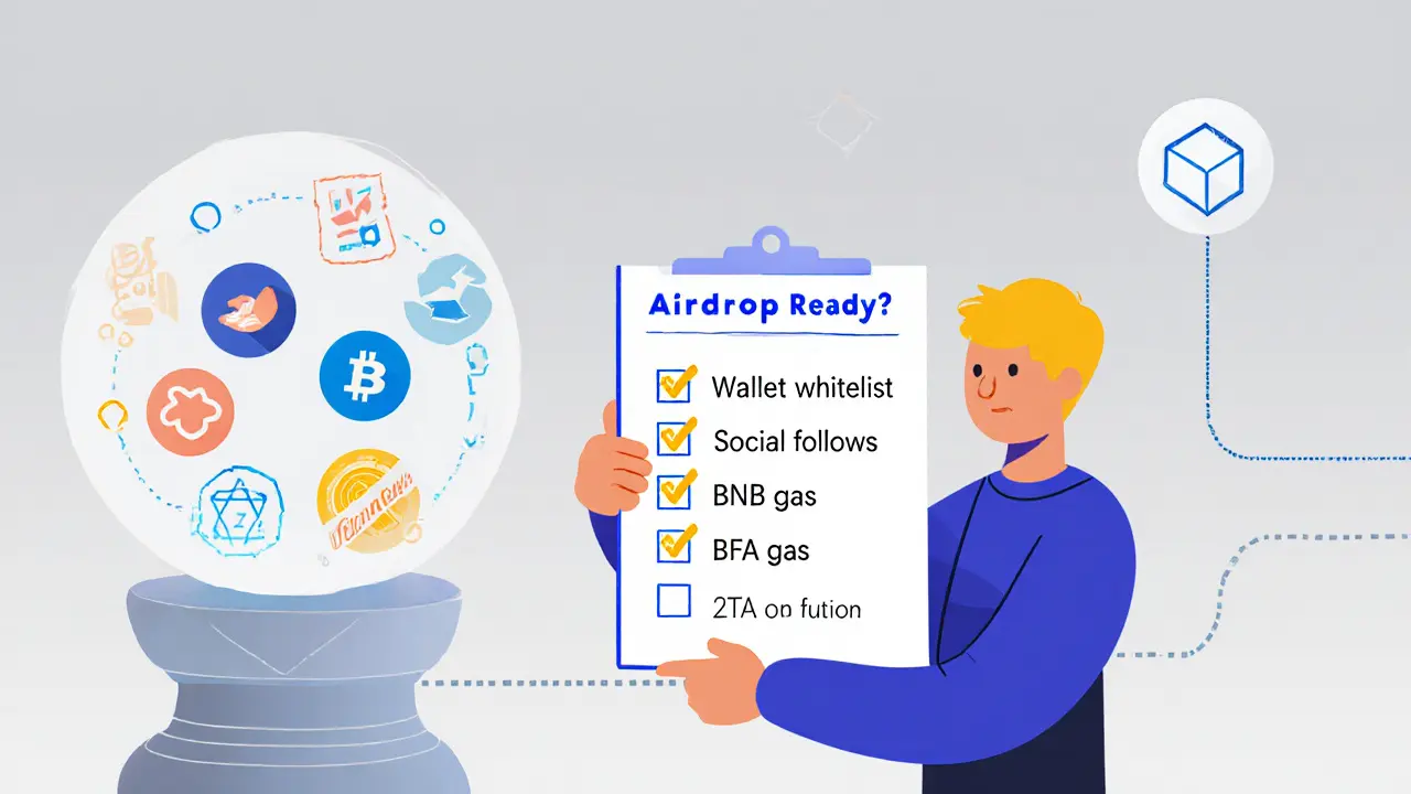 Character checks airdrop readiness list while a crystal ball shows partnership and governance triggers.
