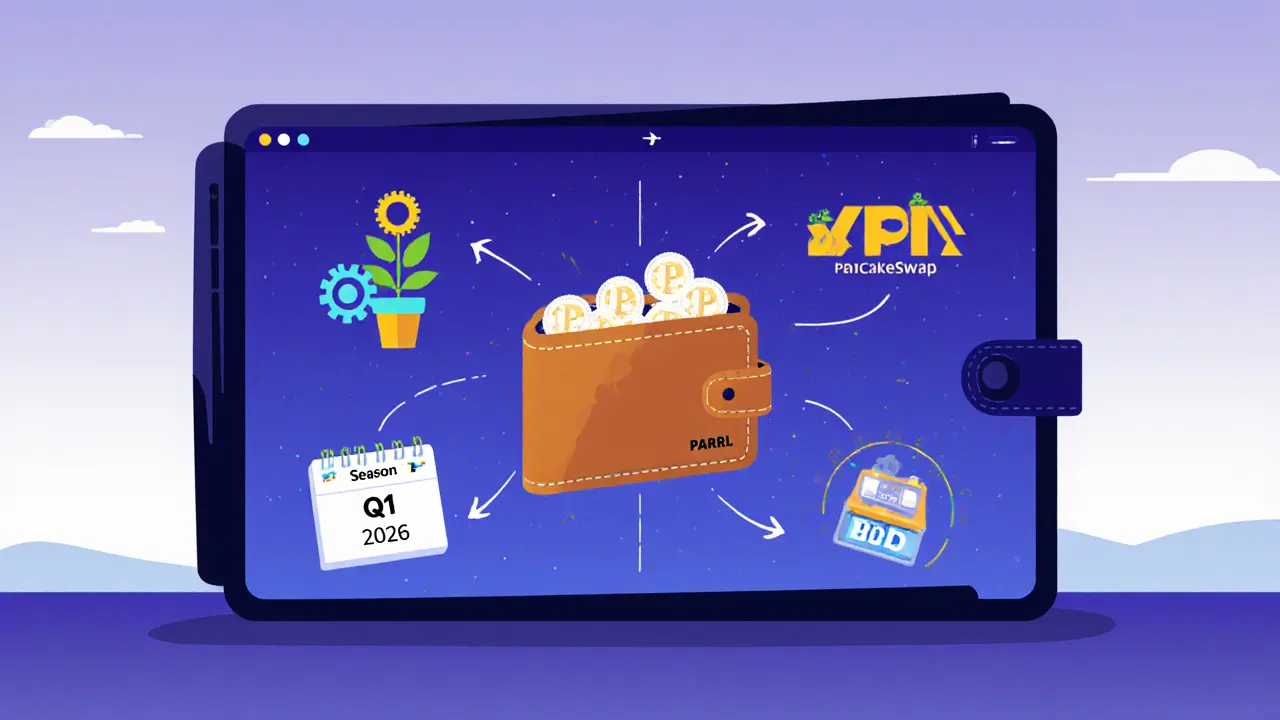 Flat illustration of a wallet with PEARL tokens, staking and swap icons.