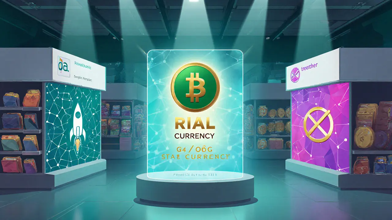 Futuristic market featuring Rial CBDC hologram, DAI stablecoin, and a crossed‑out Tether logo.