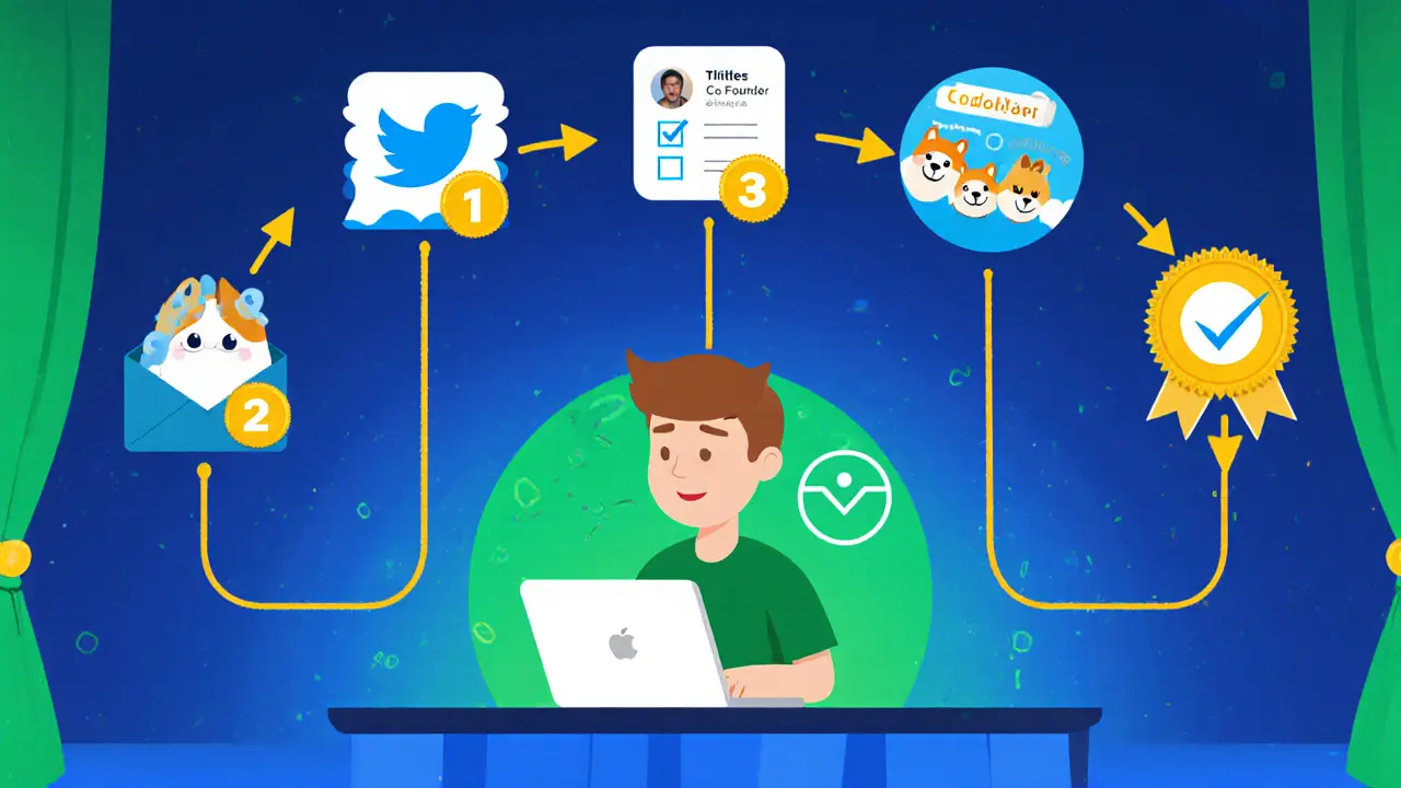 Illustrated timeline of Twitter likes, retweets, follows, and wallet connection steps.