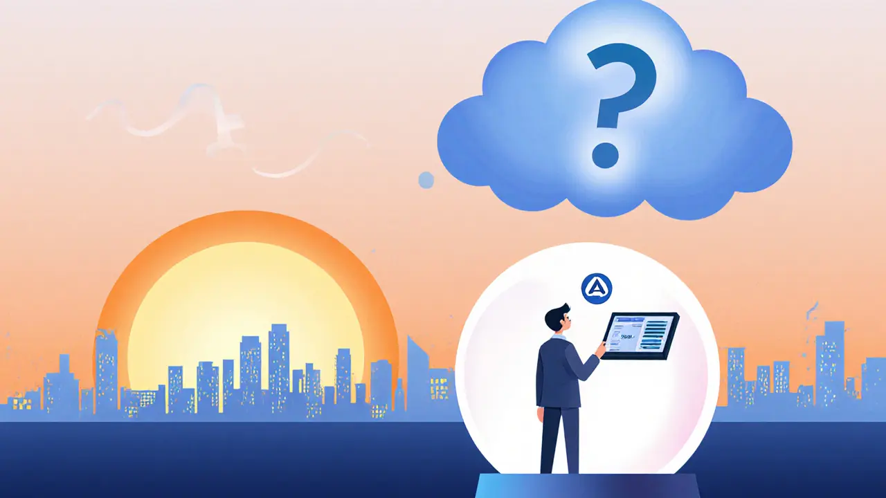 Investor looking at a crystal ball showing an exchange logo and a half-built Sky City under a question‑mark cloud.