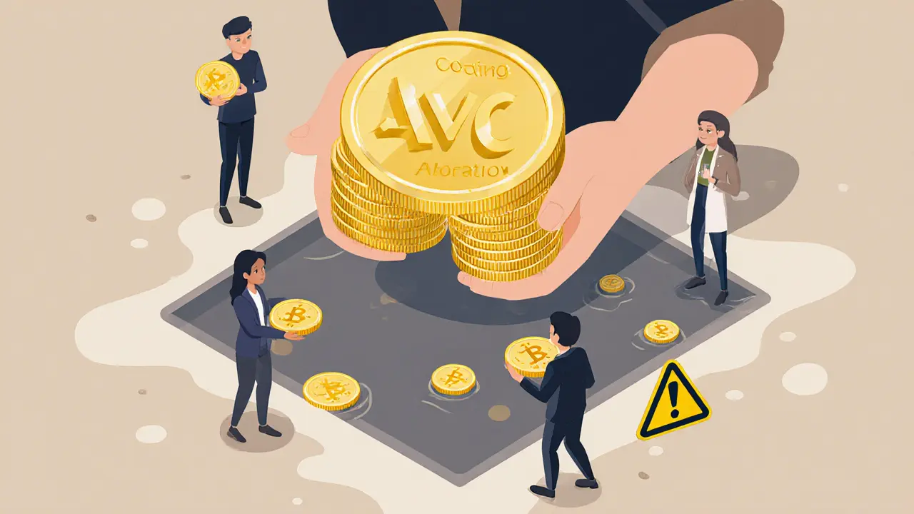 Large node character holding many tokens beside a shallow liquidity pool and smaller token holders.