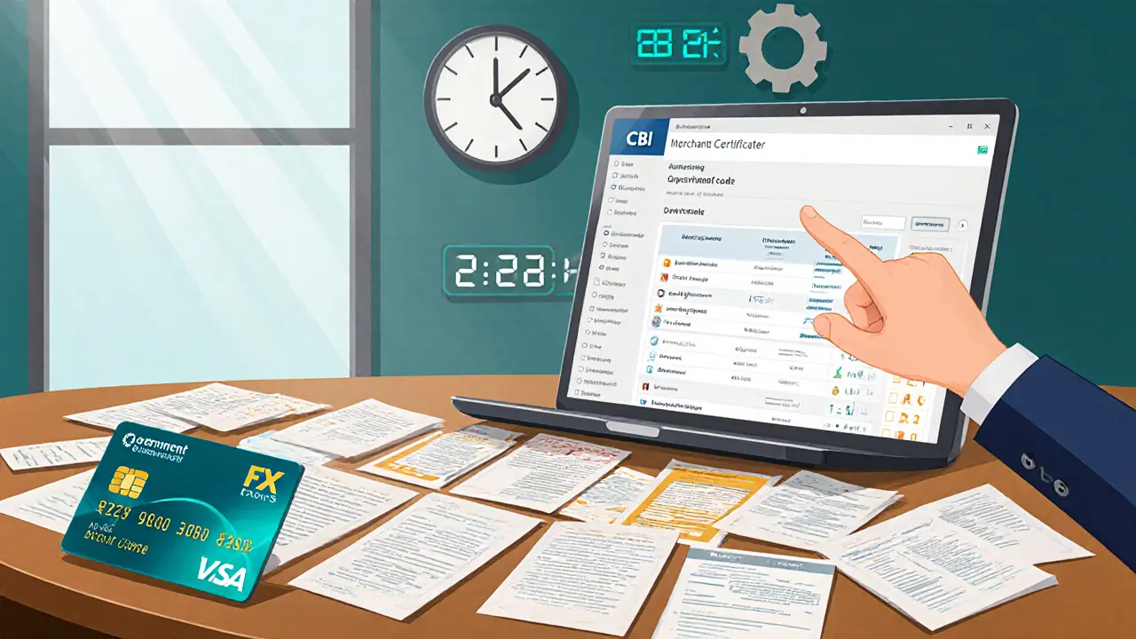 Office desk with documents, laptop showing CBI API, and an FX Card for licensing.