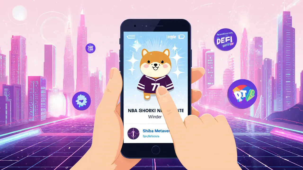 Smartphone displays a Shiba Inu NFT with a futuristic metaverse skyline in the background.