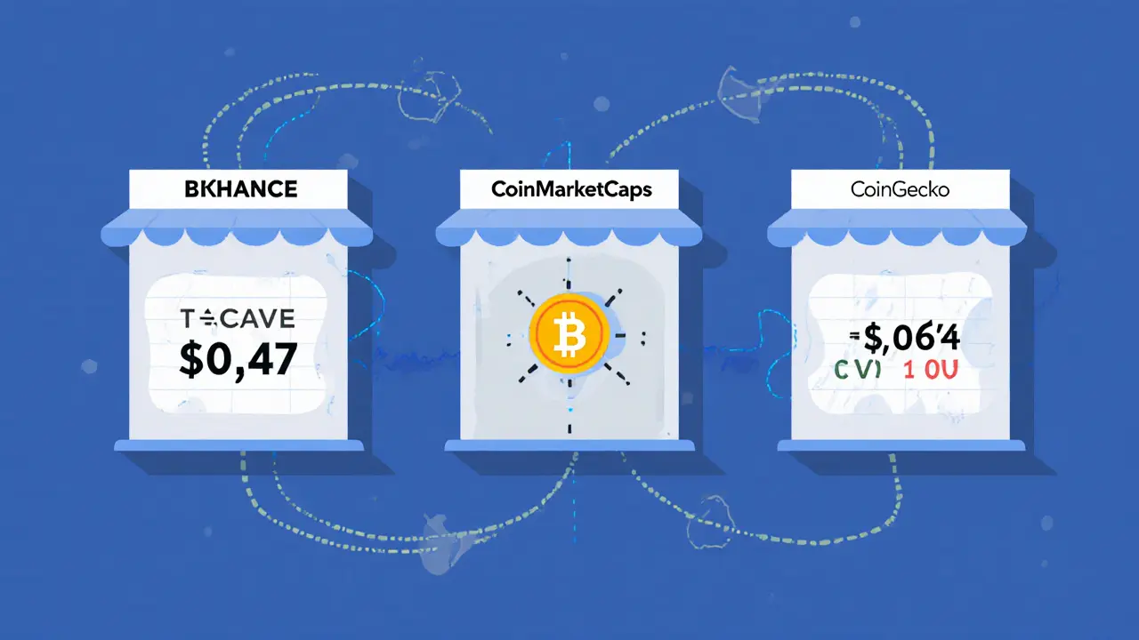 Three exchange booths showing different TACC prices and low volumes, linked to a central token icon.