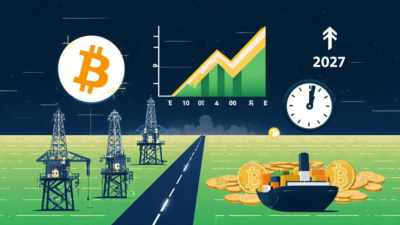 Cartoon showing energy industry, fast crypto settlements, and rising trade volume.
