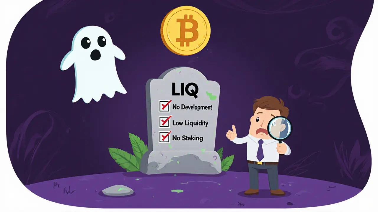 Cartoon tombstone labeled LIQ with crossed‑out risk checklist and skeptical investor.