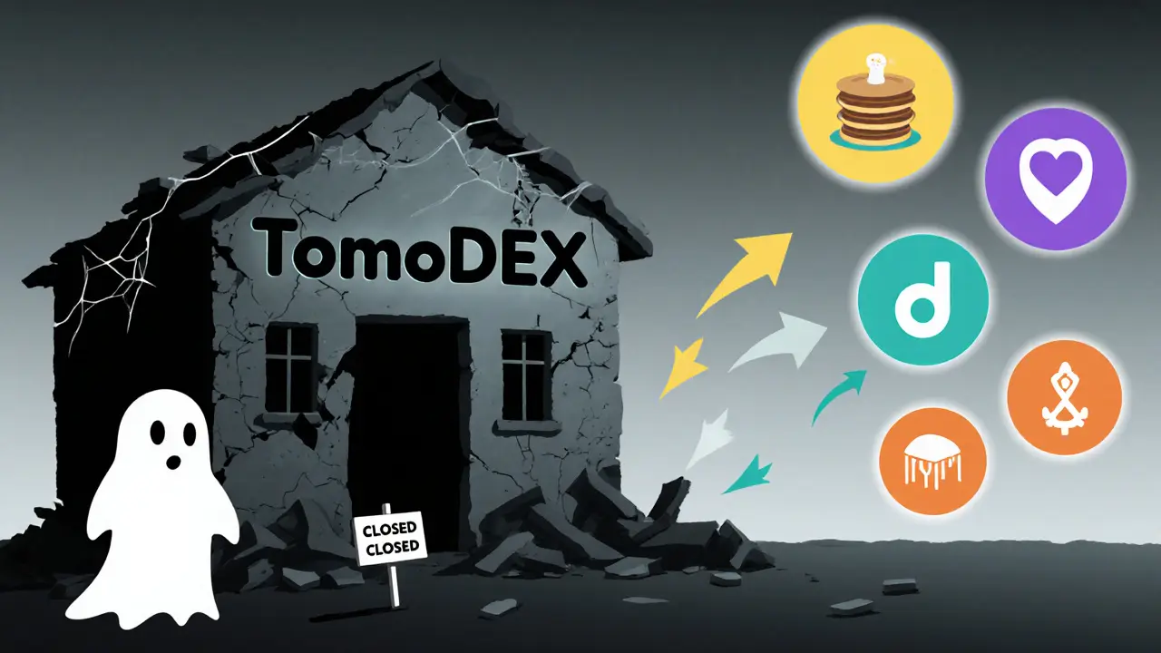 Flat cartoon of abandoned TomoDEX building with arrows leading to active DEX icons.
