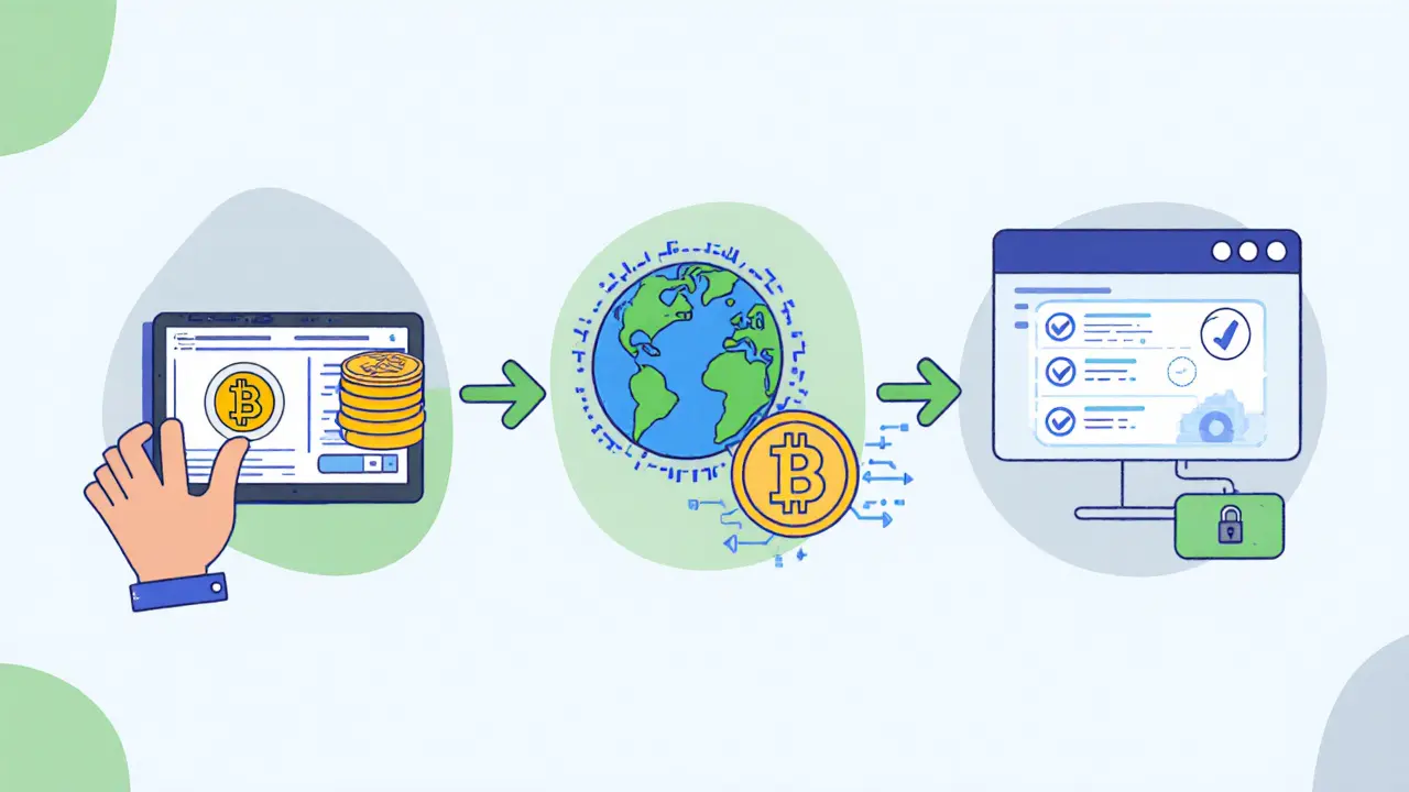 Flat illustration of a crypto settlement workflow between exporter and foreign partner.