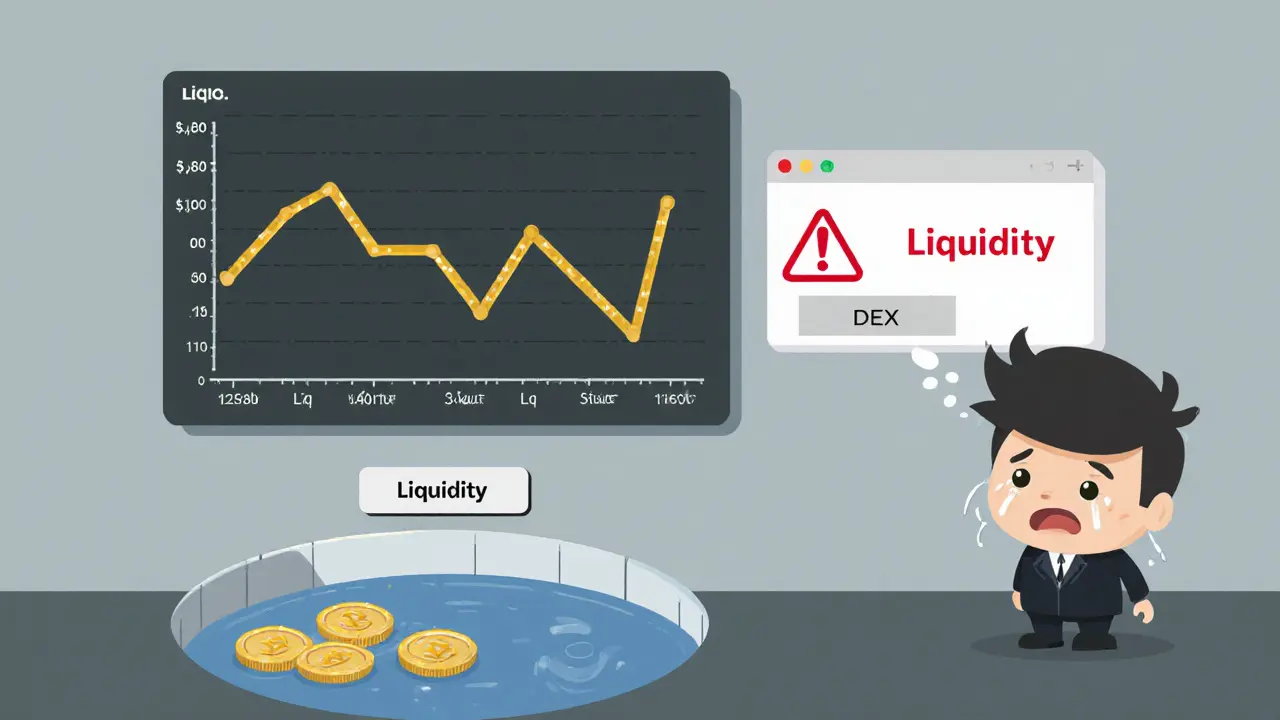 Flat illustration of a falling price graph, tiny liquidity pool, and failed DEX trade alert.