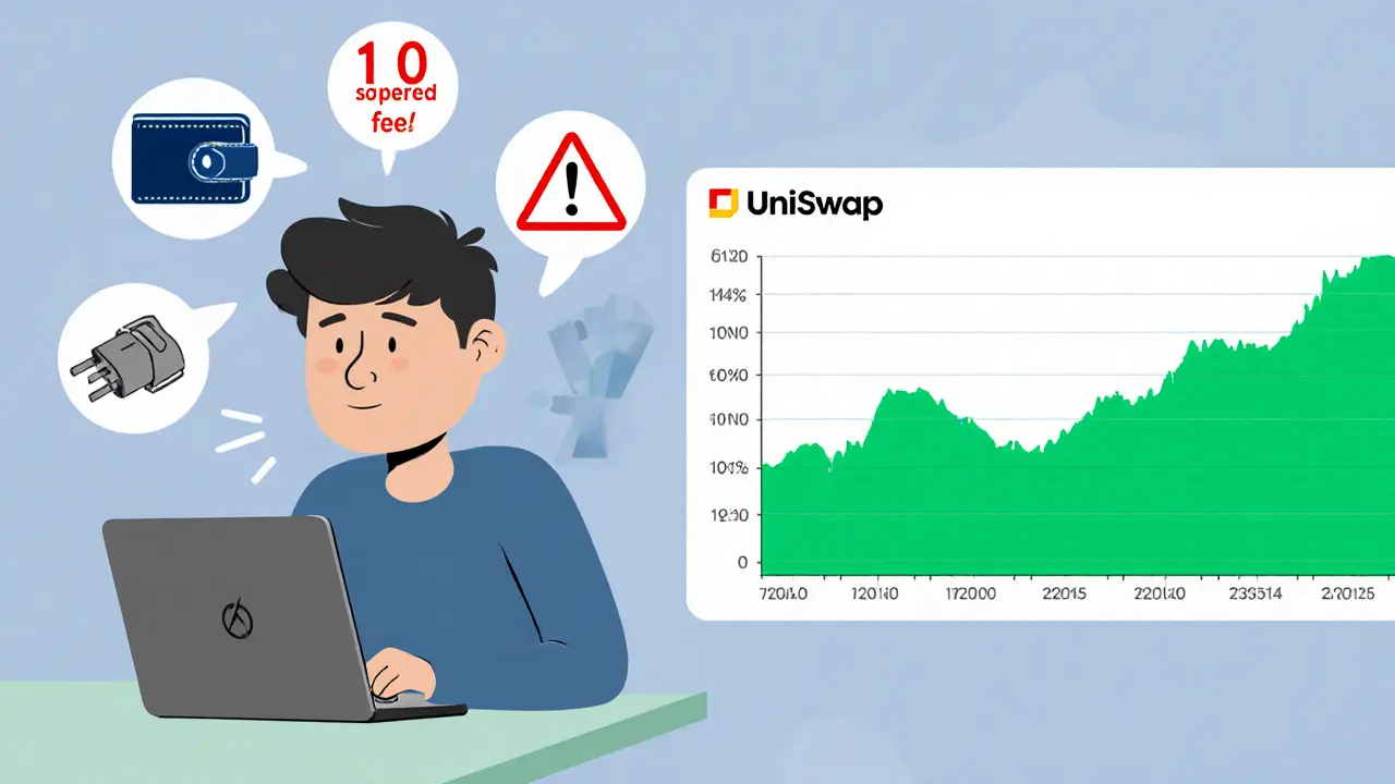 Flat illustration of a frustrated user facing wallet errors and a zero‑volume chart.