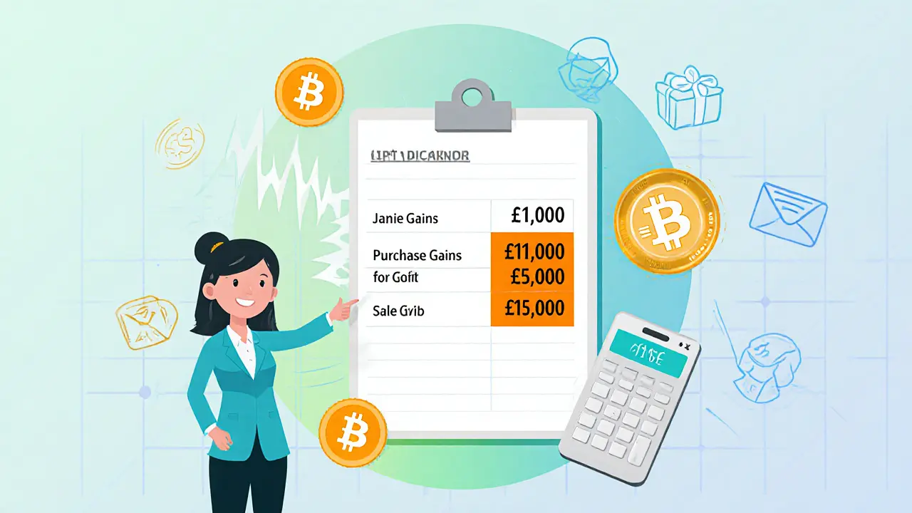 Flat illustration of a ledger showing Jane&#039;s Bitcoin gain and the £3,000 CGT allowance.