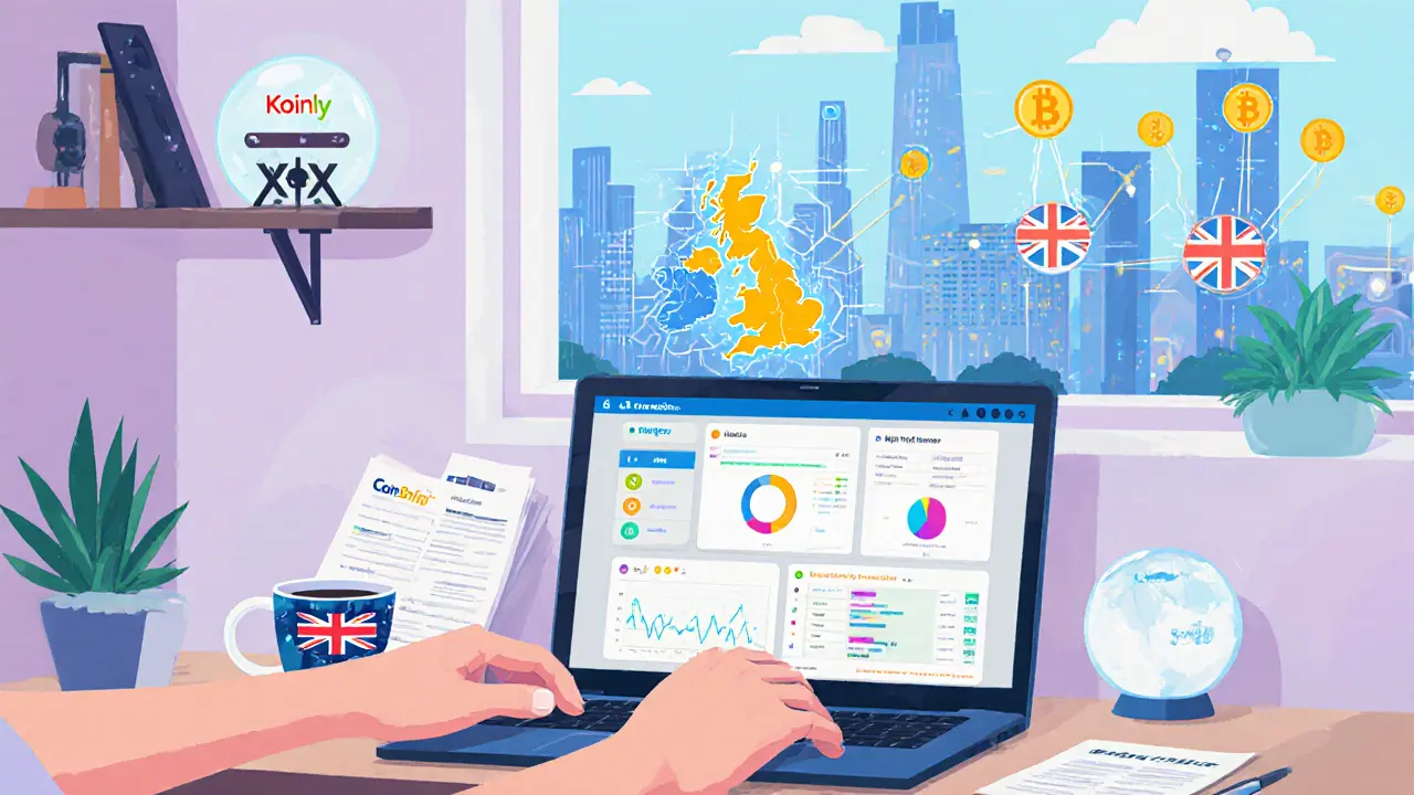 Home office scene with laptop showing crypto‑tax software dashboards and future reporting icons.