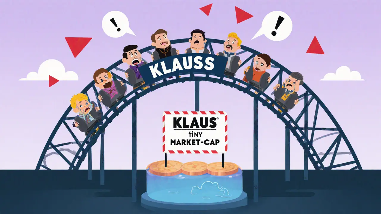 Roller‑coaster labeled KLAUS over low liquidity pool with nervous cartoon investors.