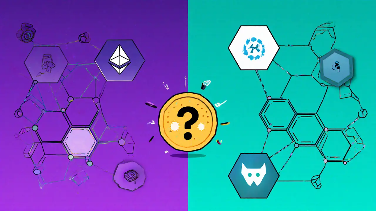 Split view showing KLAUS caught between Ethereum (purple) and Solana (teal) networks.