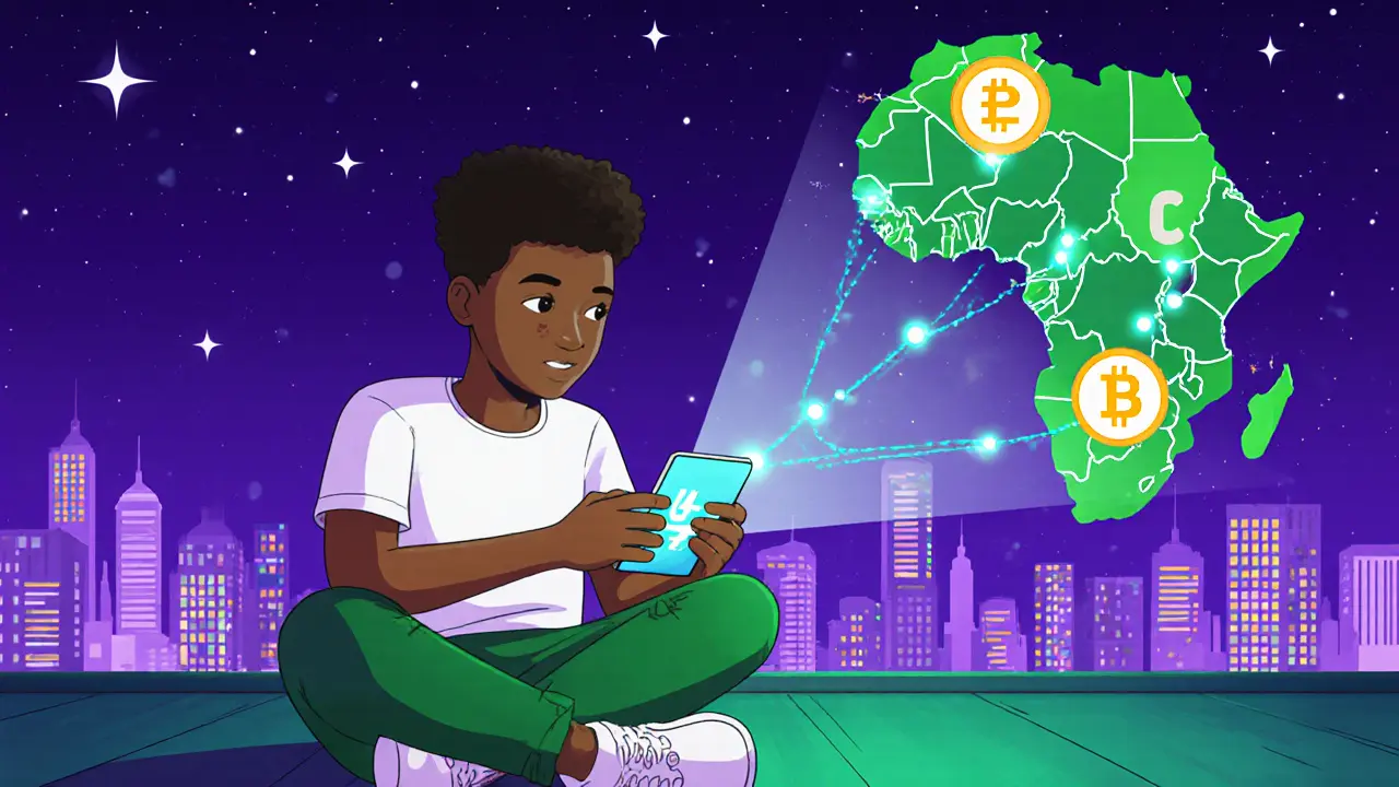 Teen on rooftop uses phone showing DeFi, digital naira, and Africa blockchain links.