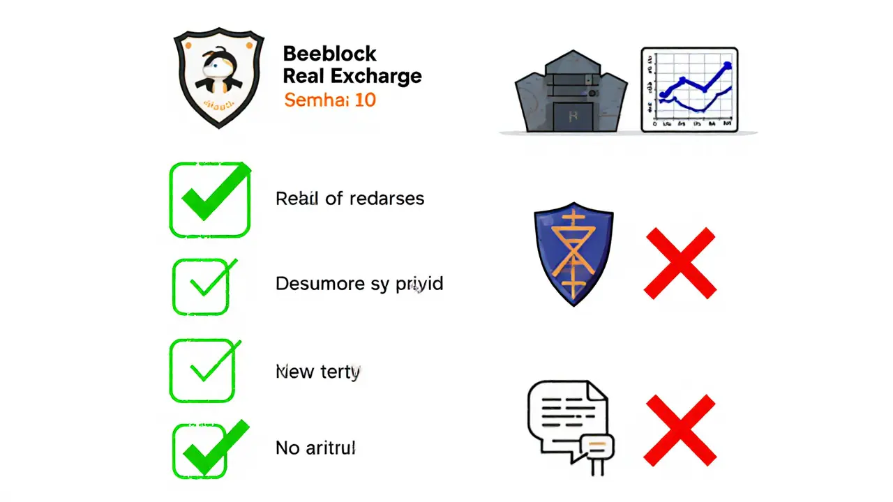 A checklist showing real exchange security features vs. Beeblock&#039;s empty, missing elements.