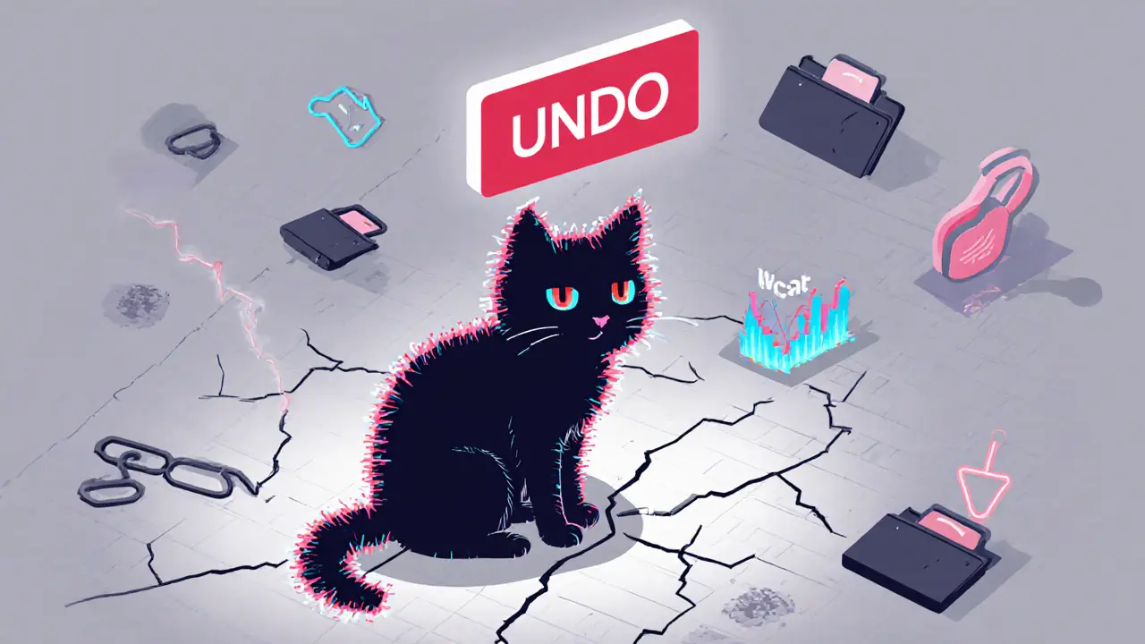A frozen NFT cat on a broken blockchain with a glowing UNDO button above it.