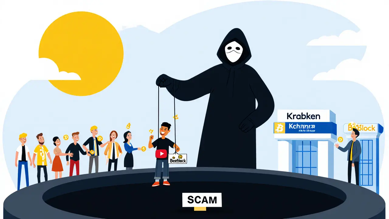 A scammer puppeteering a YouTube influencer while victims lose crypto to a black hole.