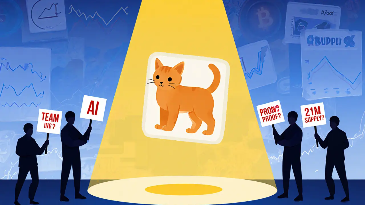 An isolated NFT cat under a spotlight while shadowy figures hold up unanswered questions.