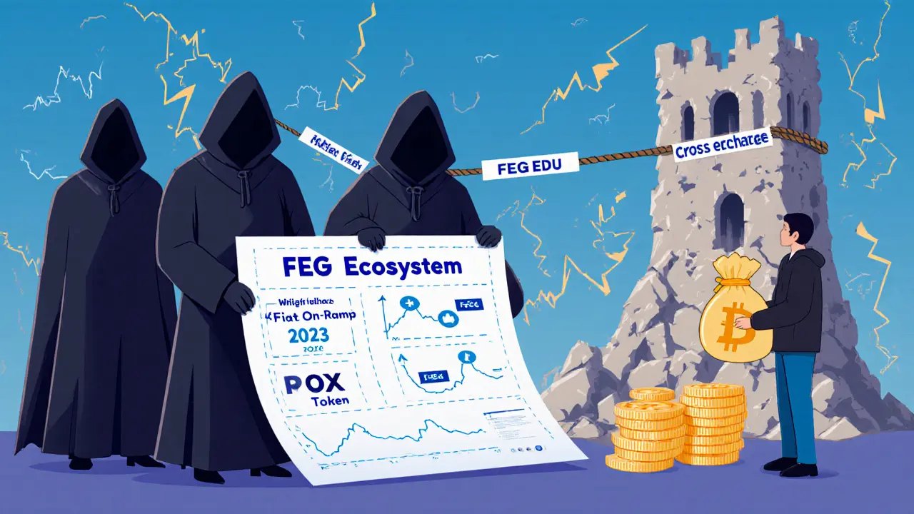 Anonymous developers hold an incomplete roadmap as the FEG Exchange tower leans on a single bridge rope.