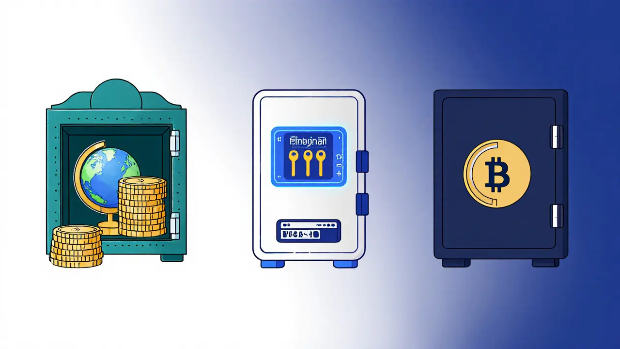 Cartoon comparing Binance, Coinbase, and Kraken security features.