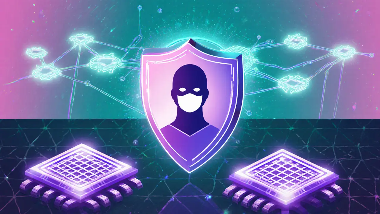 Cartoon of futuristic quantum‑resistant blockchain with lattice symbols and zero‑knowledge proof shield.